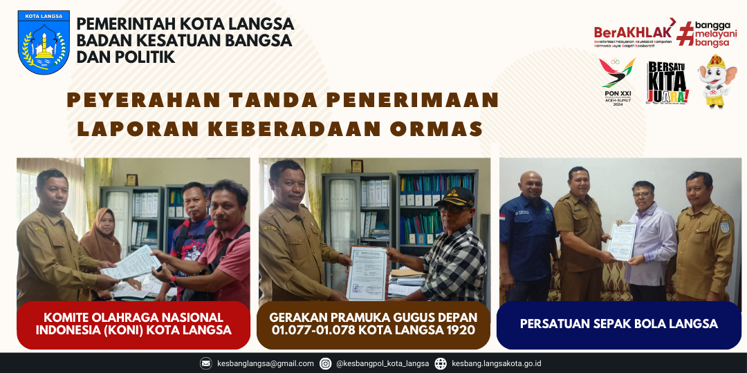 Kepala Badan Kesbangpol Kota Langsa Menyerahkan Beberapa Tanda Pemerimaan Laporan Keberadaan Ormas